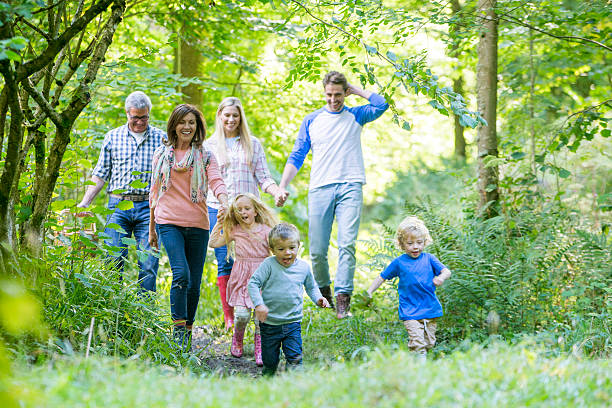 familie spaziergang mit - family summer portrait nature stock-fotos und bilder