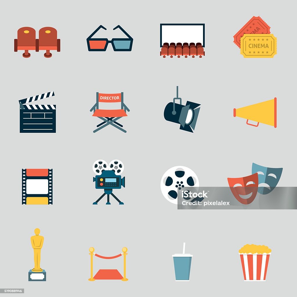 Cinema icons flat Cinema icons flat. Making film and watch movie in the cinema icons collection Camera - Photographic Equipment stock vector