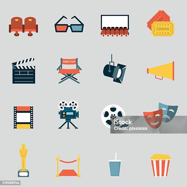 Cinema Icons Flat Stock Illustration - Download Image Now - Camera - Photographic Equipment, Cinematographer, Director