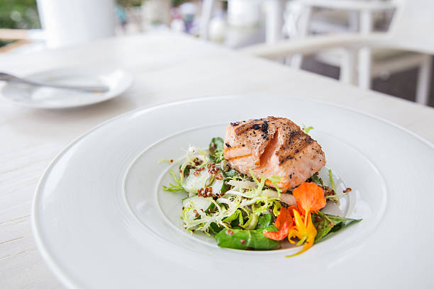 Healthy salmon steak with vegetable