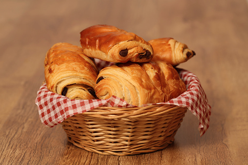 pain au chocolat, horizontal, rustic, French tradition, baker's bread, basket, basket