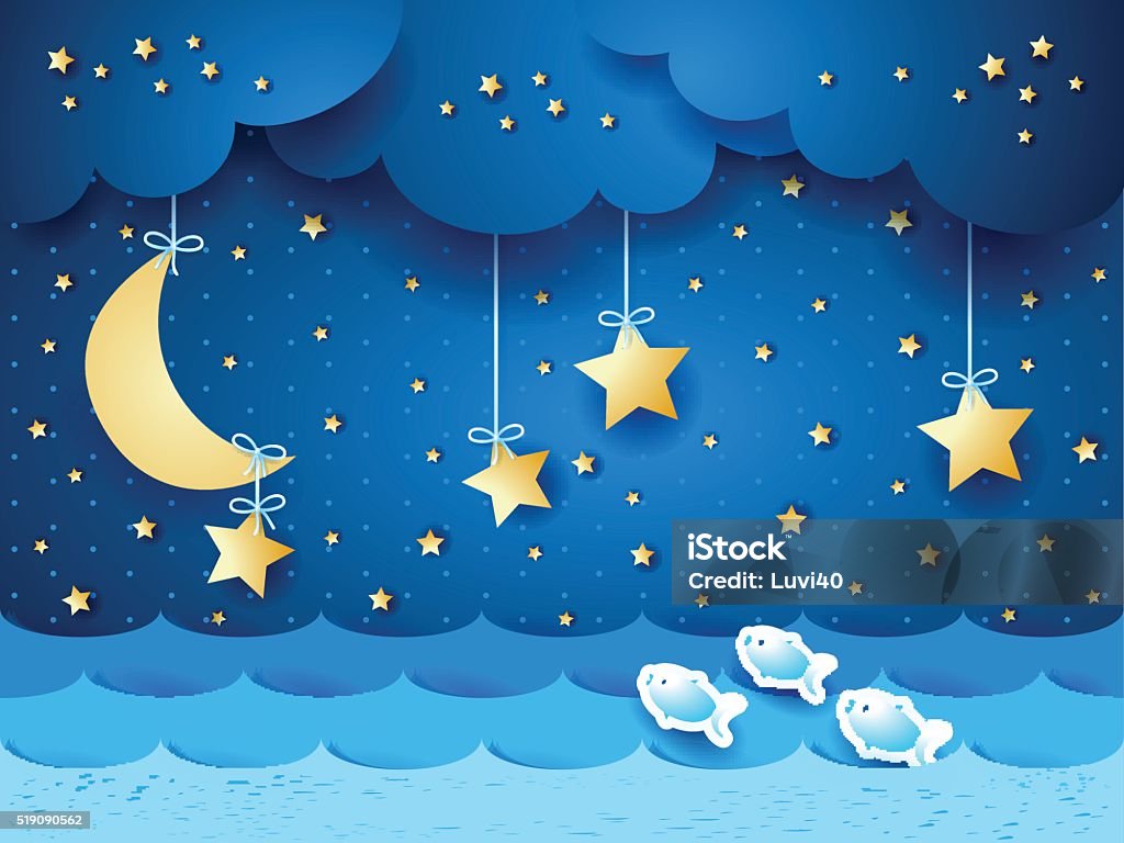 Surreal seascape with moon and stars Surreal seascape with moon and stars, vector illustration eps10 Agricultural Field stock vector