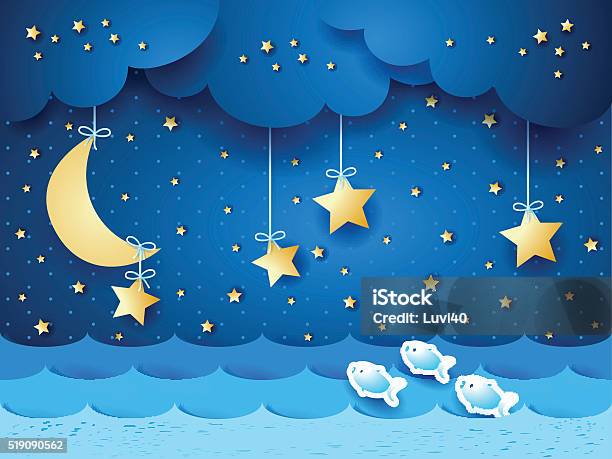 Surreal Seascape With Moon And Stars Stock Illustration - Download Image Now - Agricultural Field, Backgrounds, Bizarre