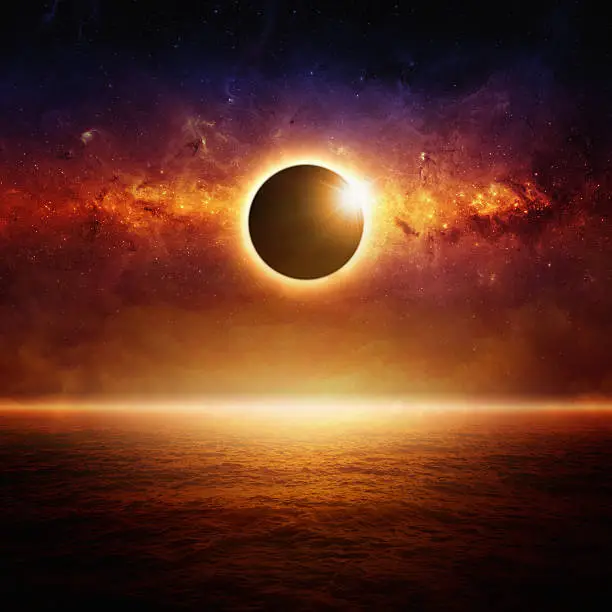 Abstract fantastic background - full sun eclipse, glowing horizon above red ocean, end of world. Elements of this image furnished by NASA