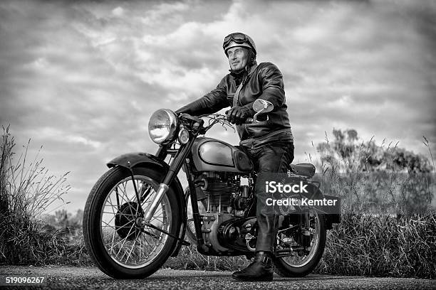 Biker On Vintage Motorcycle Stock Photo - Download Image Now - Motorcycle, Old-fashioned, Retro Style