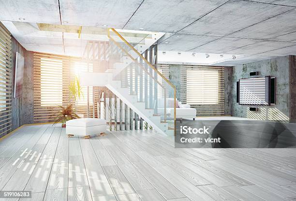 Loft Interior Stock Photo - Download Image Now - Flooring, Hardwood Floor, Window Blinds