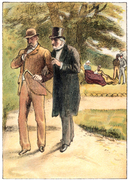 Two Victorian Gentlemen Talking In A Garden Stock Illustration