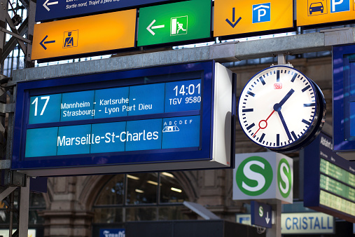 Frankfurt, Germany - October 18, 2014: Timetable at main station Frankfurt - shows the departing time of TGV 9580 from Frankfurt to Marseille