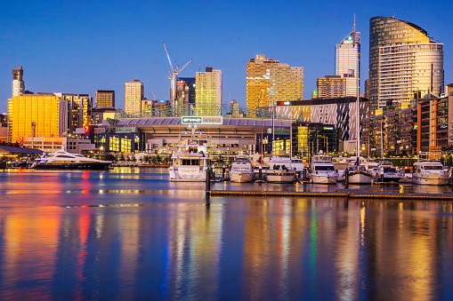 The Docklands precinct in Melbourne at dusk.