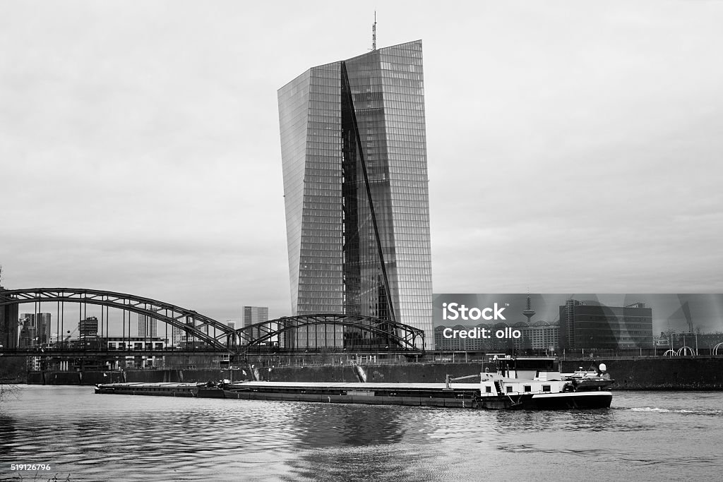 ECB Frankfurt River Main cargo ship ECB Frankfurt, European Central Bank - River Main and cargo ship Ostend Stock Photo