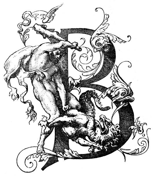 Antique illustration of decorated capital letter B Antique illustration of decorated capital letter B by François-Émile Ehrmann: The B is inserted in a scene with a man killing a dragon with a club fancy letter b drawing stock illustrations