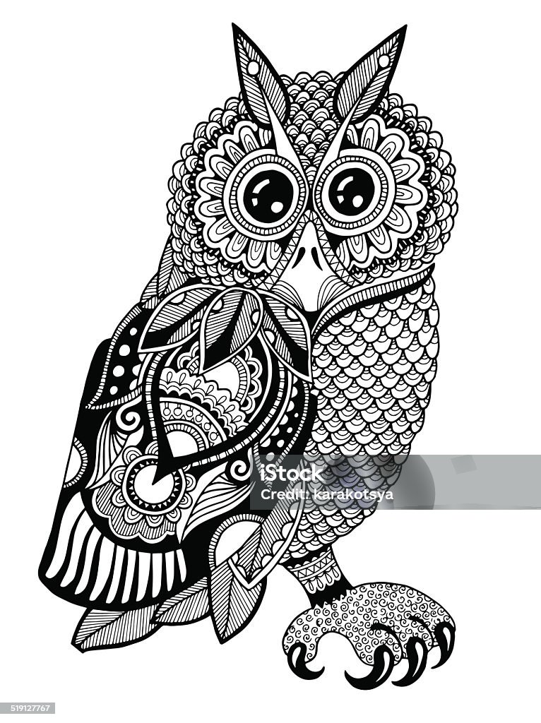 original artwork of owl, ink hand drawing in ethnic style original artwork of owl, ink hand drawing in ethnic style, vector illustration in black end white colors Animal stock vector