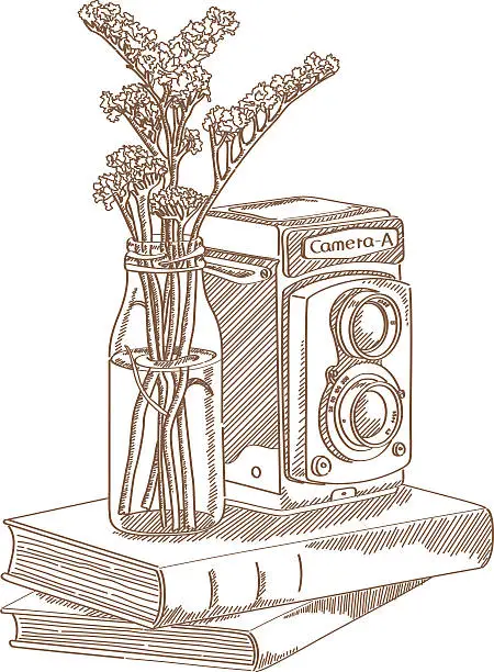 Vector illustration of Vector sketch of photo camera book and folwer