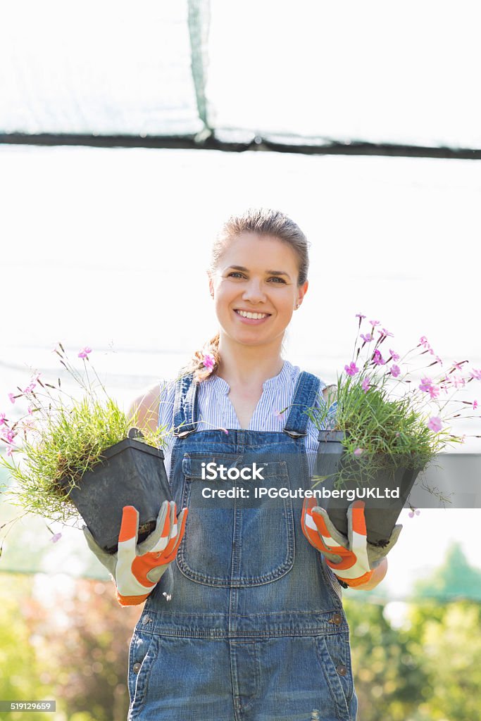 Gardeners Portrait of happy female gardener holding potted plants at greenhouse 30-39 Years Stock Photo