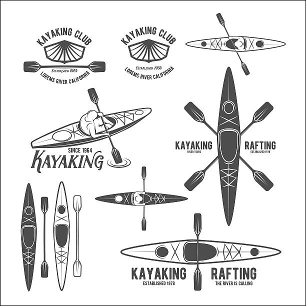 ヴィンテージラベルのラフティング - silhouette kayaking kayak action点のイラスト素材／クリップアート素材／マンガ素材／アイコン素材