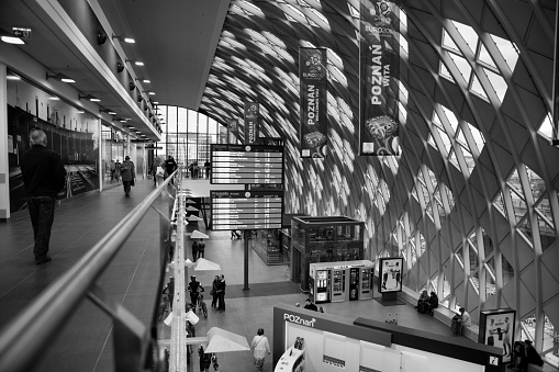 POZNAN, POLAND - JUNE 18, 2012: New railway station in Poznan. Built on uefa euro 2012.The building is integrated with the court of bus and commercial gallery. 