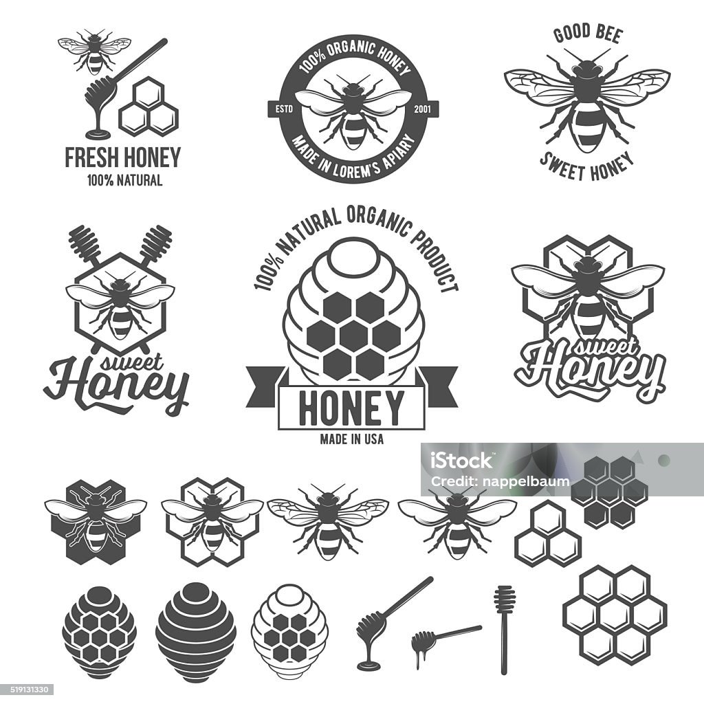 Vintage frame with Honey label set Set of vintage honey labels, badges, logotypes and design elements Bee stock vector