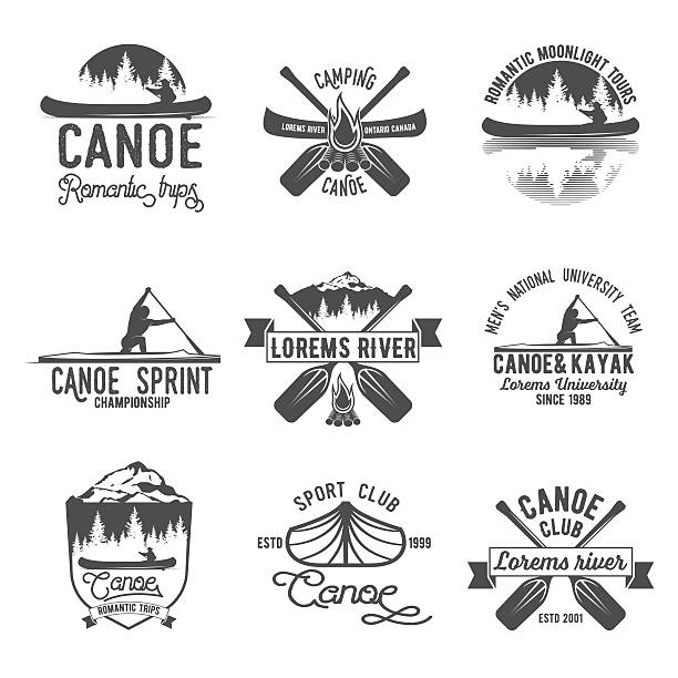セットビンテージカヌーイングロゴ - silhouette kayaking kayak action点のイラスト素材／クリップアート素材／マンガ素材／アイコン素材