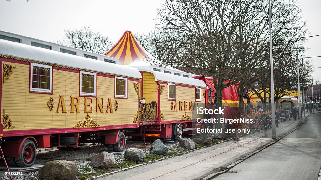 Finely decorated circus wagons, Copenhagen, Denmark Copenhagen, Denmark - April 2, 2016: Finely decorated circus wagons from the danish Circus Arena parked in Bellahøj, Copenhagen, Denmark. Arts Culture and Entertainment Stock Photo