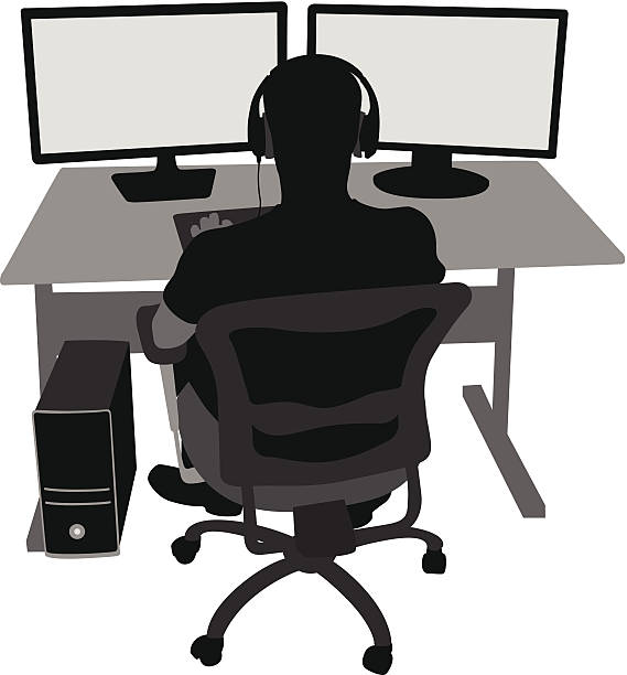 GamingMonitors young guy sitting at a desktop and playing a game computer silhouettes stock illustrations