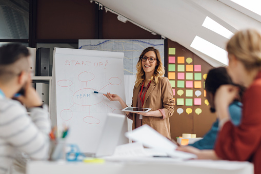Young smiling woman has briefing with her coworkers at startup creative agency. She is standing in front of flip chart, holding digital tablet and talking. She is pointing to importance of teamwork and creativity in any startup business.