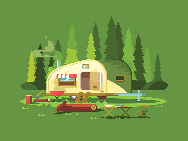 illustrations, cliparts, dessins animés et icônes de remorque pour un voyage dans la forêt - motor home mobile home vehicle trailer camping