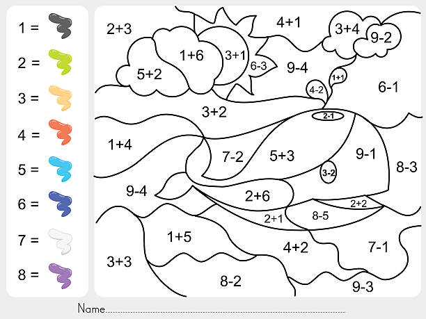 ilustraciones, imágenes clip art, dibujos animados e iconos de stock de pintura de color por la adición y resta números - worksheet