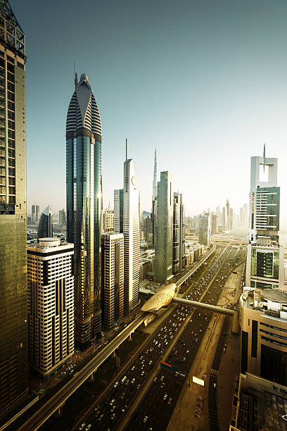 Dubai skyline in sunset time, United Arab Emirates