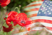 Background:  American flag with poppy flower background. USA. Patriotism.