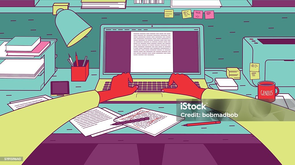 Man typing on laptop. Man typing on laptop. Subject view perspective. Wide angle. Writing - Activity stock vector