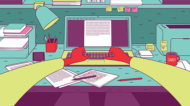 Man typing on laptop. Man typing on laptop. Subject view perspective. Wide angle. author stock illustrations