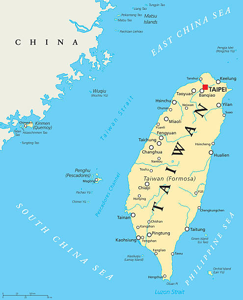 Taiwan, Republic of China, Political Map Taiwan, Republic of China, political map with capital Taipei, national borders, important cities, rivers and lakes. English labeling and scaling. Illustration. taiwan stock illustrations