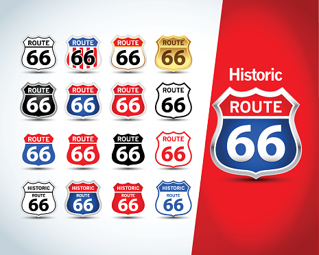 Route 66 badges, t-shirt apparel graphics.