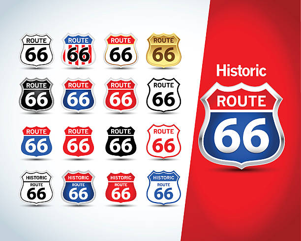 Route 66 sign set. Isolated route 66 emblems Route 66 badges, t-shirt apparel graphics. 65 69 years stock illustrations