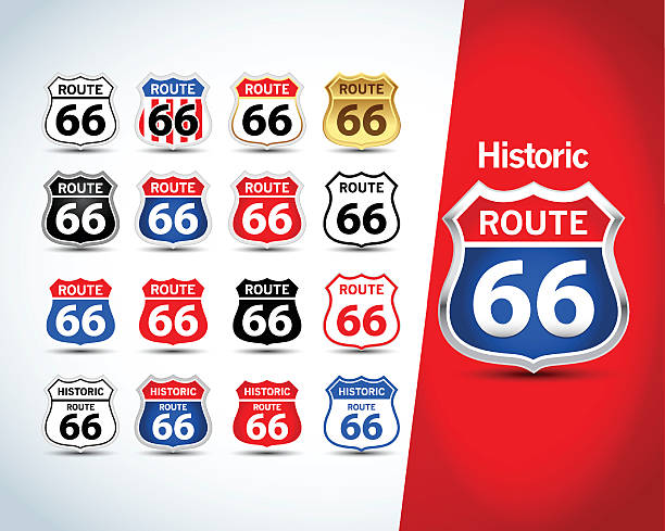 Route 66 sign set. Isolated route 66 emblems Route 66 badges, t-shirt apparel graphics. route 66 sign old road stock illustrations