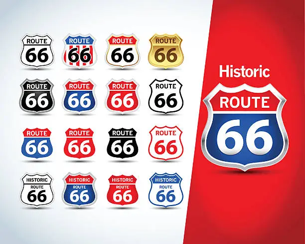 Vector illustration of Route 66 sign set. Isolated route 66 emblems