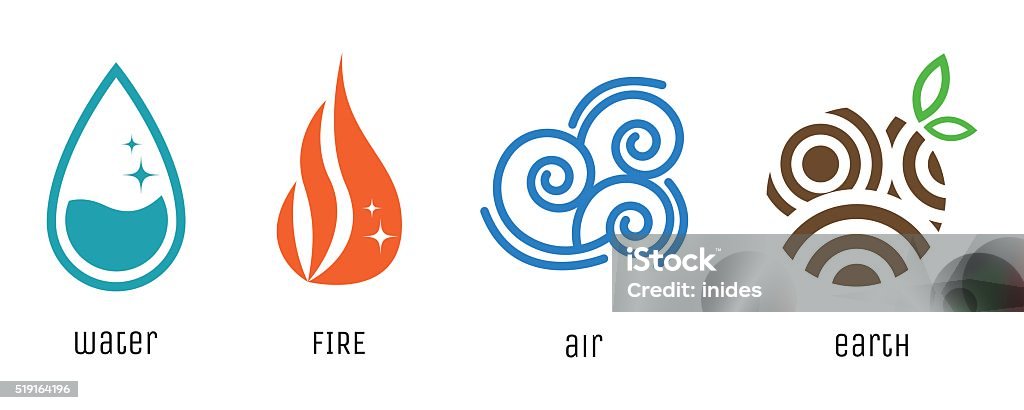 Four elements flat style symbols. Water, fire, air, earth signs Four elements flat style symbols. Water, fire, air and earth signs. Vector abstract nature icons. Clean stock vector