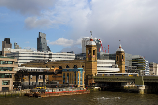 Riverside view of Cannon Street Station and Walbrook Wharf waste transfer facility