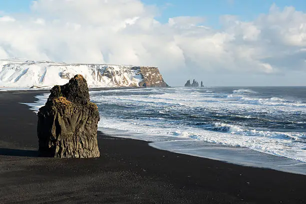 Photo of Winter landscape with Reynisdrangar stacks, black sand beach, ocean, Iceland