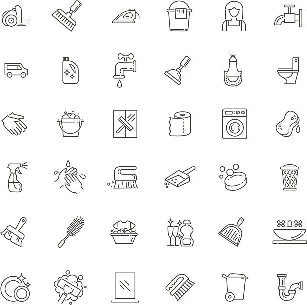 cleaning icons outline icons bucket and sponge stock illustrations