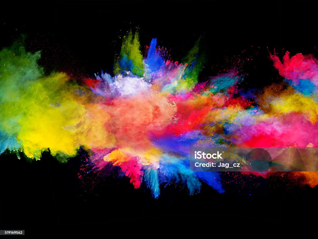 Explosion of colored powder on black background Explosion of colored powder, isolated on black background Exploding Stock Photo