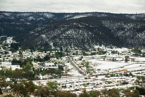 The town of Lithgow, NSW, Australia, covered in snow after storms passed through the state.