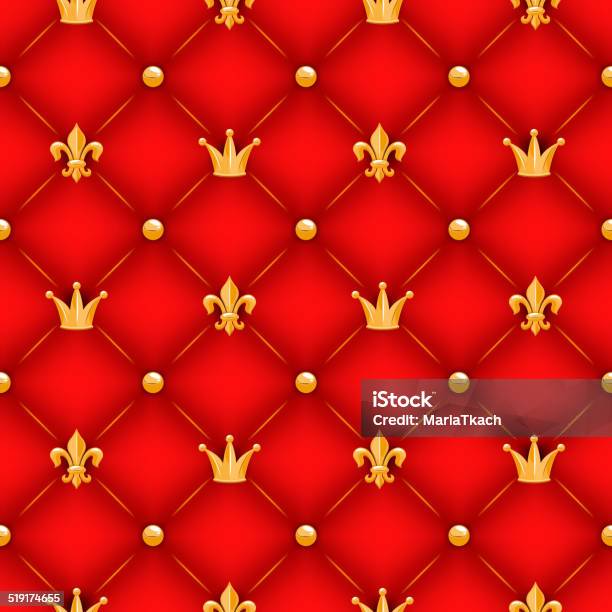 Red Quilted Texture With Golden Crowns Lilies And Buttons Stock Illustration - Download Image Now