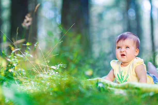 cute bebê na floresta - new life one baby girl only beginnings babies only imagens e fotografias de stock