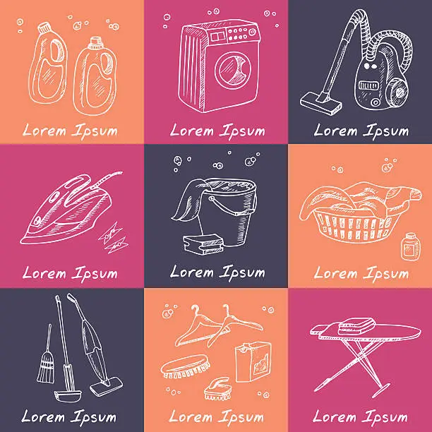 Vector illustration of Laundry  doodle set. Drying and ironing clothes.