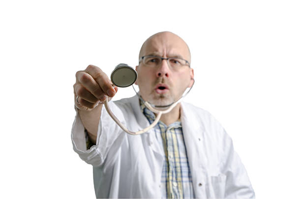 Caricature doctor man. Cartoon style body with real human big head in medical uniform full length illustration