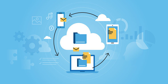 Flat line design website banner of business cloud computing. Modern vector illustration for web design, marketing and print material.