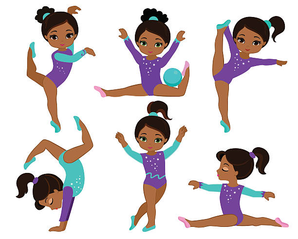 stockillustraties, clipart, cartoons en iconen met gymnastics cute multicultural  girls set. - girls gym