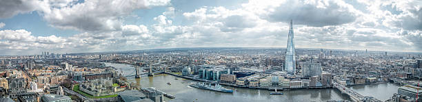 London Cityscape Skyline Wide Panorama. Famous Landmarks London Skyline Wide Panorama. East & South, Tower of London, River Thames Canary Wharf, The Shard, London Bridge. Landmark View canary wharf photos stock pictures, royalty-free photos & images