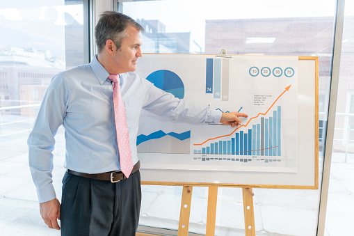 Successful business man making presentation and pointing at a statistics graph
